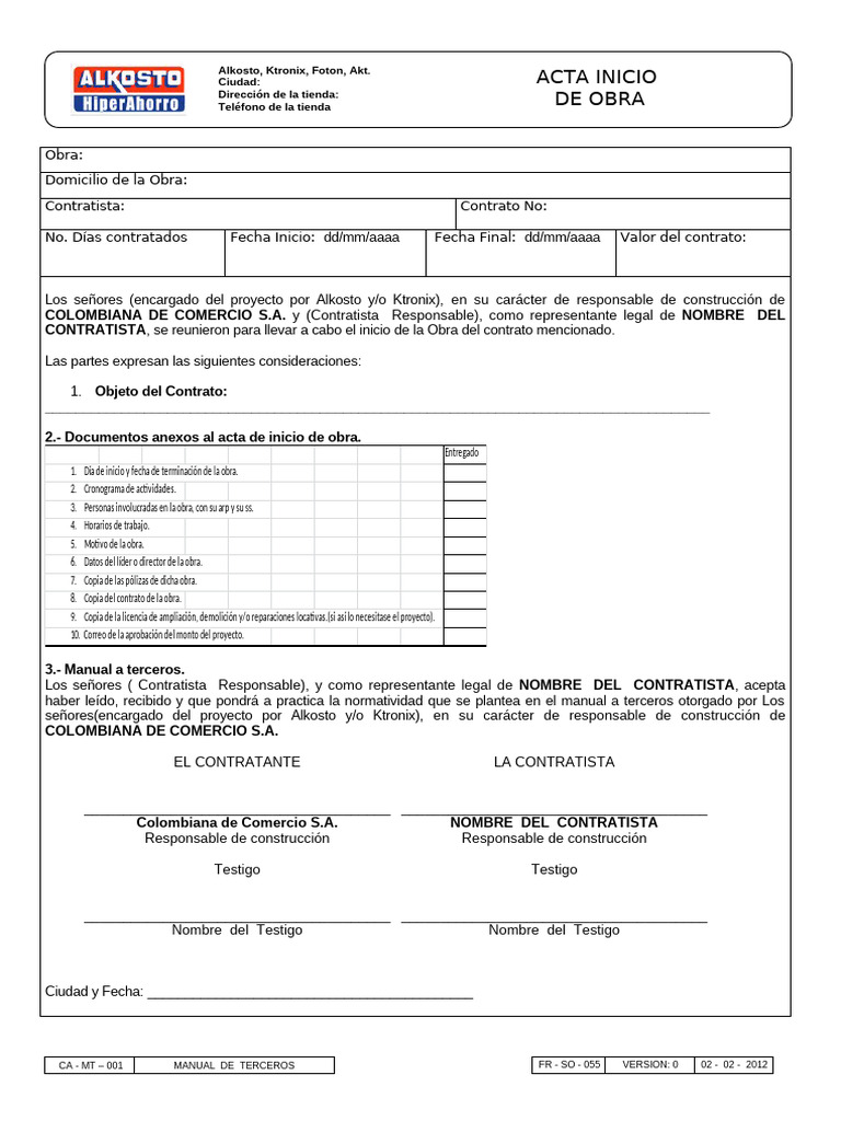 Acta Inicio de Obra 2 | PDF