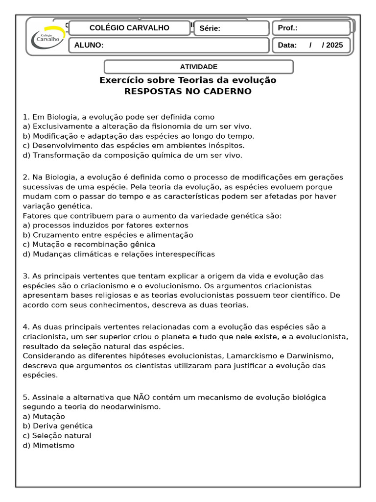 9º Ano - Exercício Sobre Teorias Da Evolução | PDF | Evolução | Fóssil