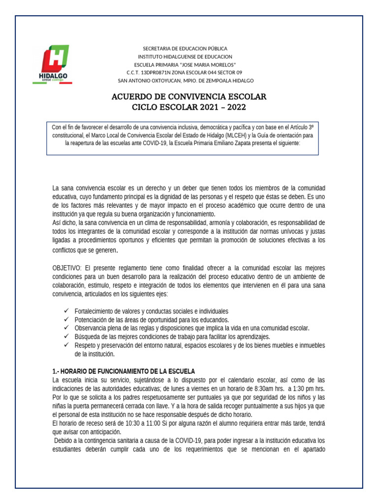 Acuerdo de Convivencia Escolar 2021-2022 | PDF | Escuelas | Institución