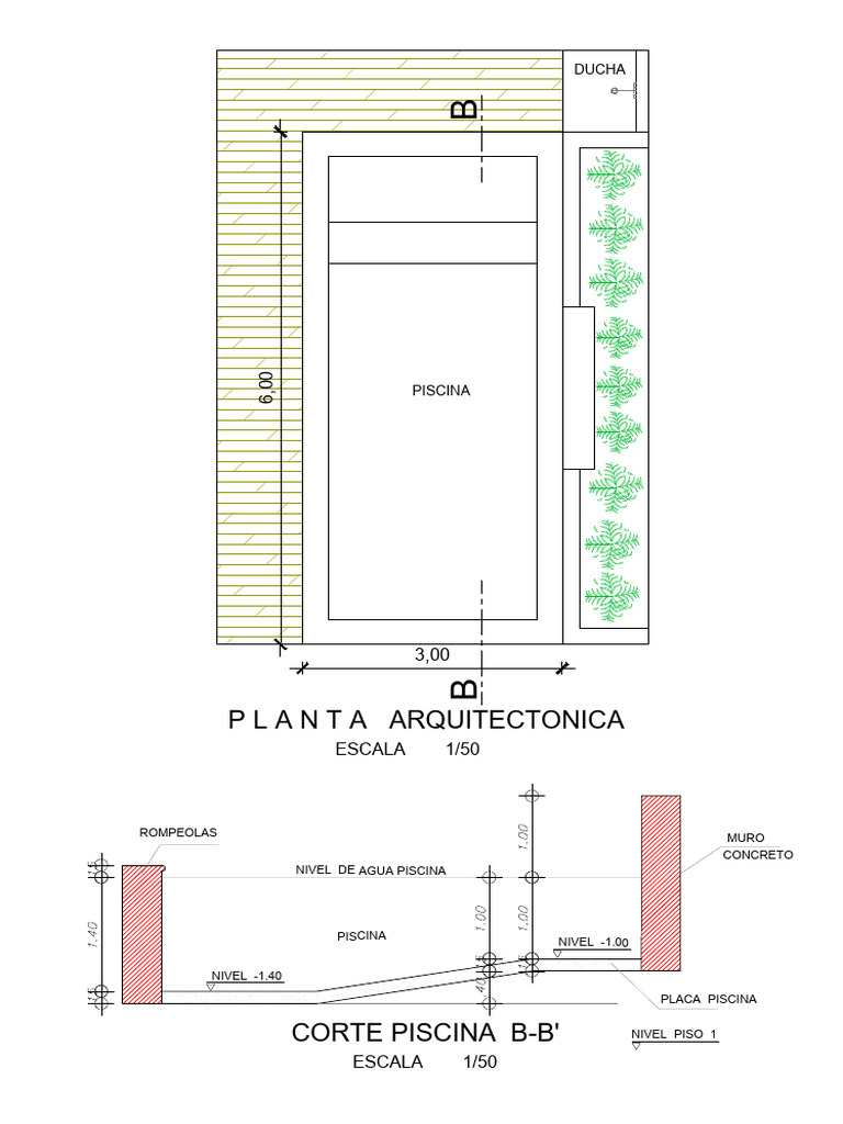Corte de Piscina y Planta Arquitectónica | PDF