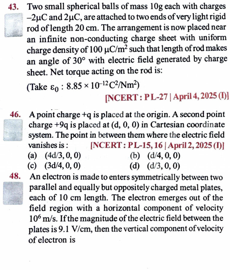 JEE Mains PYQ: Electric Charges & Fields | PDF | Electric Field ...