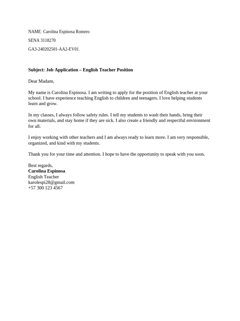 Job Application: English Teacher Position | PDF
