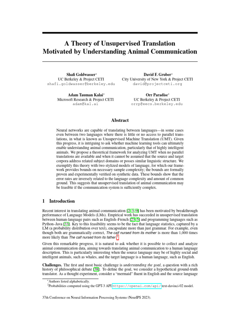 Unsupervised Translation of Animal Communication | PDF | Translations ...