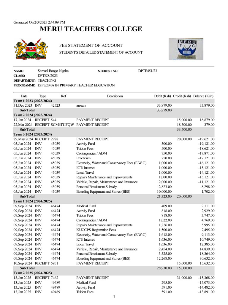 Meru Teachers College Fee Statement | PDF | Business | Money