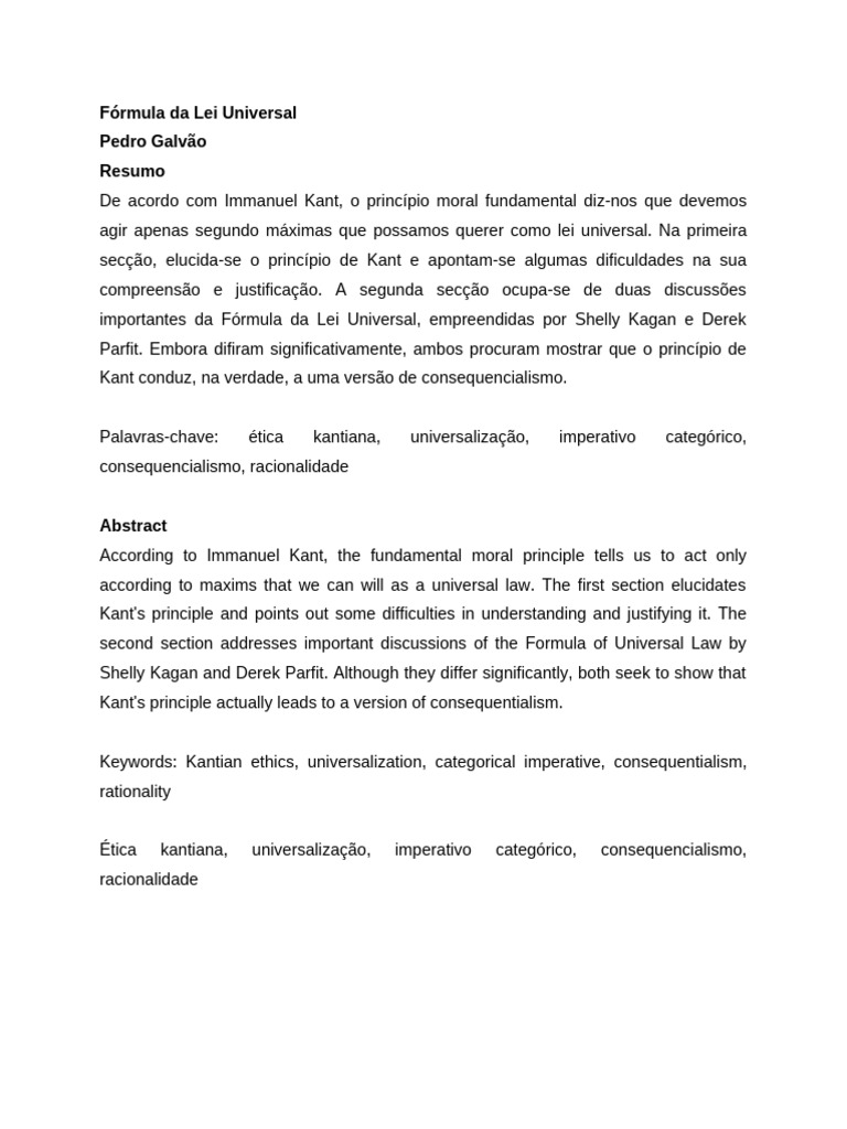 Fórmula da Lei Universal de Kant | PDF | Immanuel Kant | Moralidade
