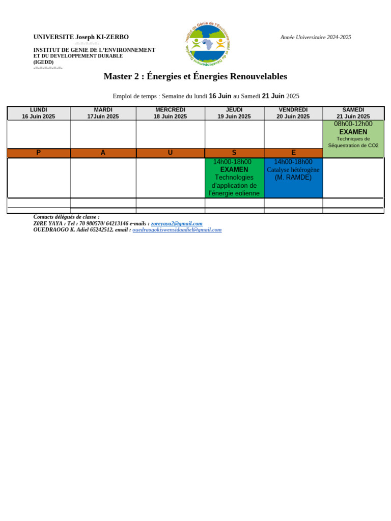 Emploi du temps Master Énergies 2025 | PDF
