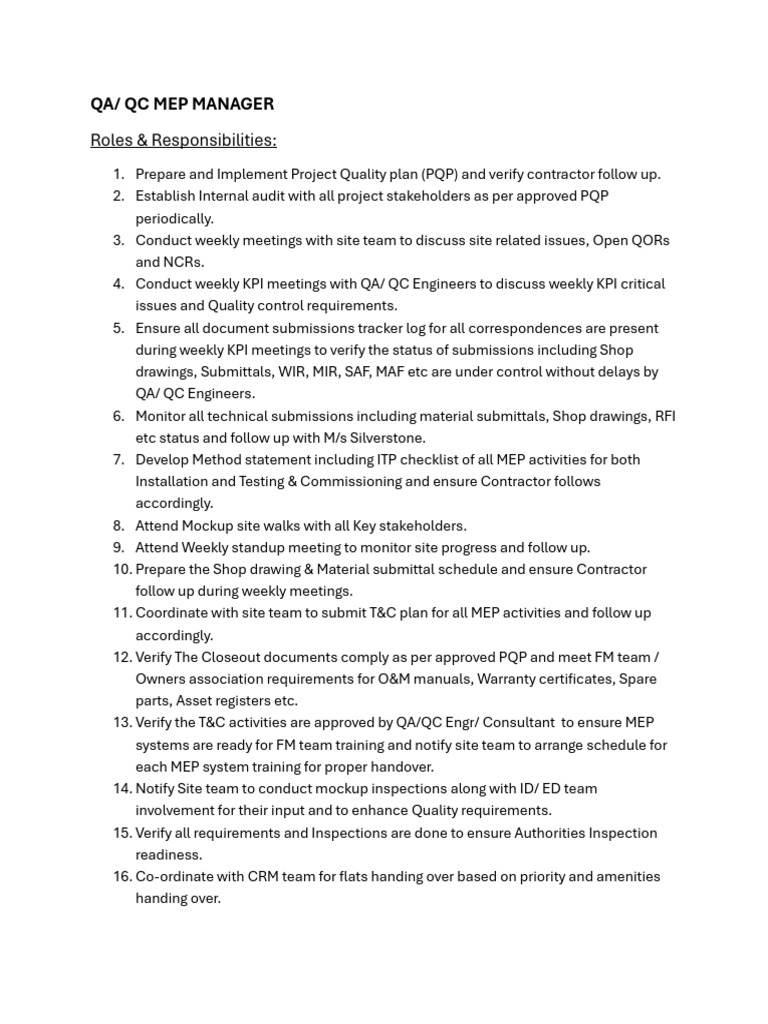 MEP QA/QC Manager Responsibilities | PDF