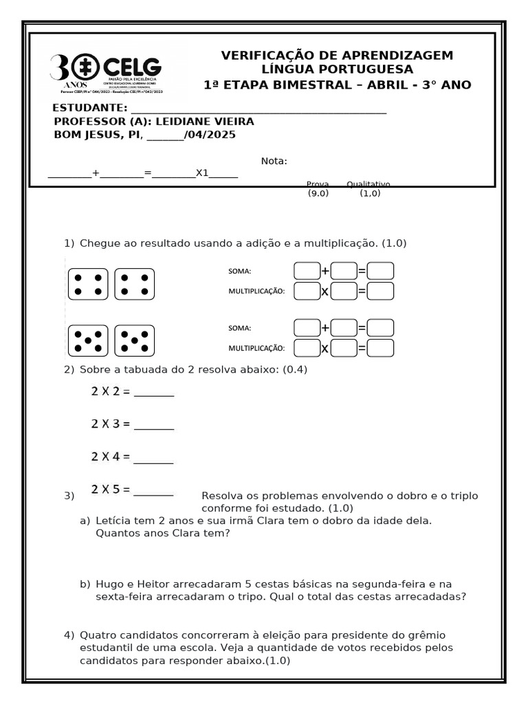 Prova Matematica 3 Ano Abril | PDF