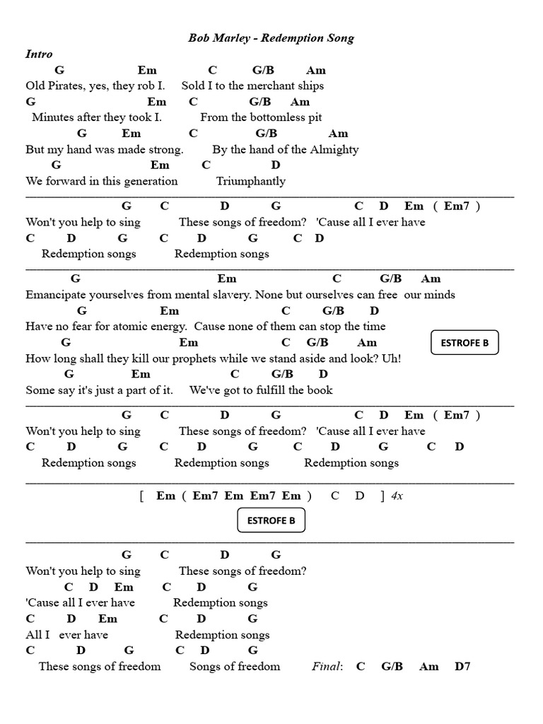 Redemption Song Lyrics and Chords | PDF | Bob Marley | Songs Written