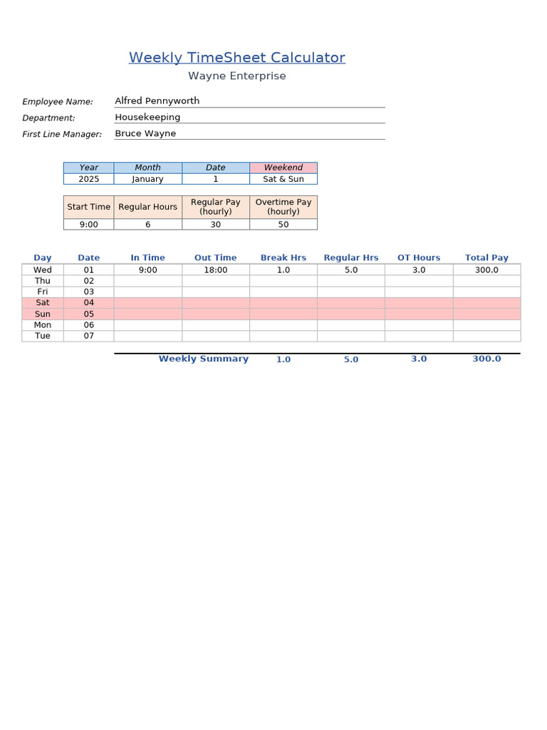 Weekly Employee TimeSheet Template | PDF | Batman