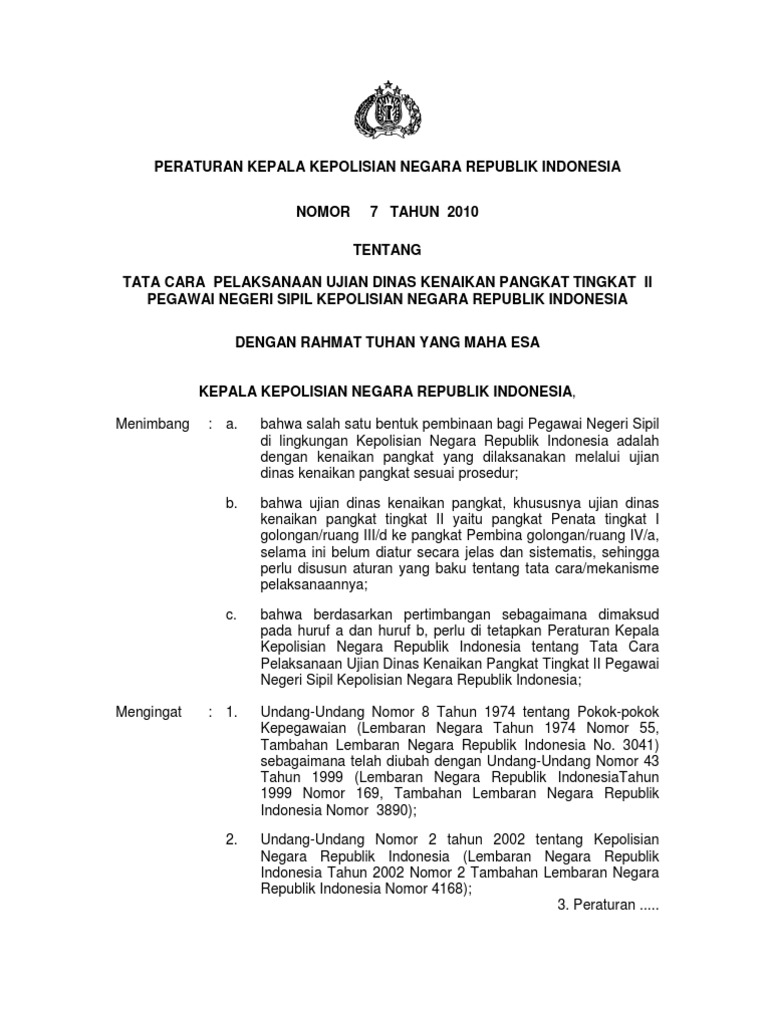 Perkap No 7 Th 2010 Ttg Ujian Dinas Kenaikan Pangkat