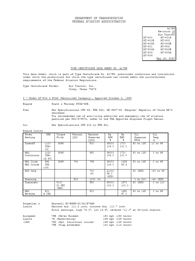Air Tractor AT-401/AT-503 Type Certificate Data | PDF | Federal ...