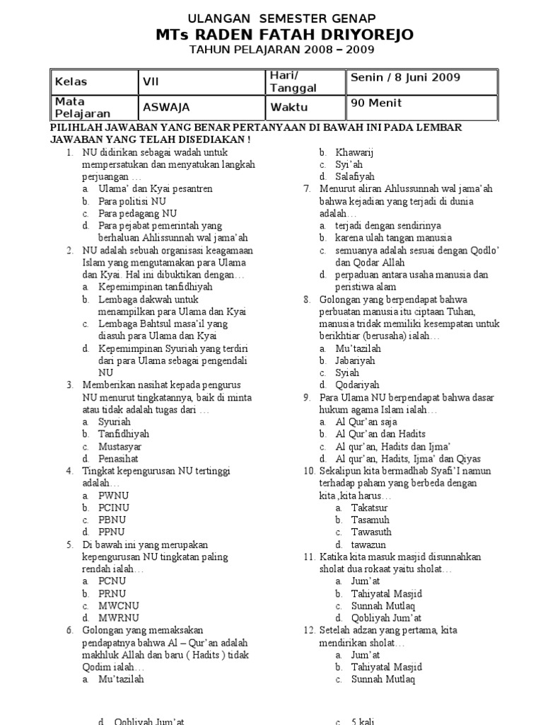 Materi Beserta Contoh Soal Aswaja Kelas 4 Mi Matematika Pdf