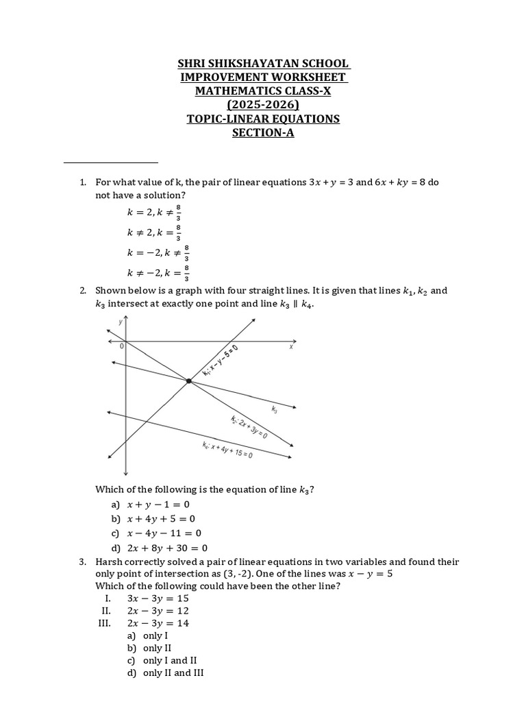Class 10 Linear Equations Practice Set | PDF | Equations | System Of ...