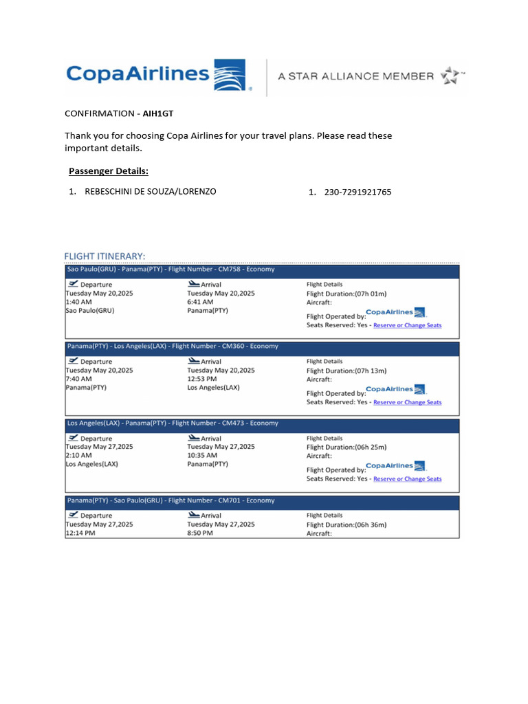 Copa Airlines Travel Confirmation Details | PDF