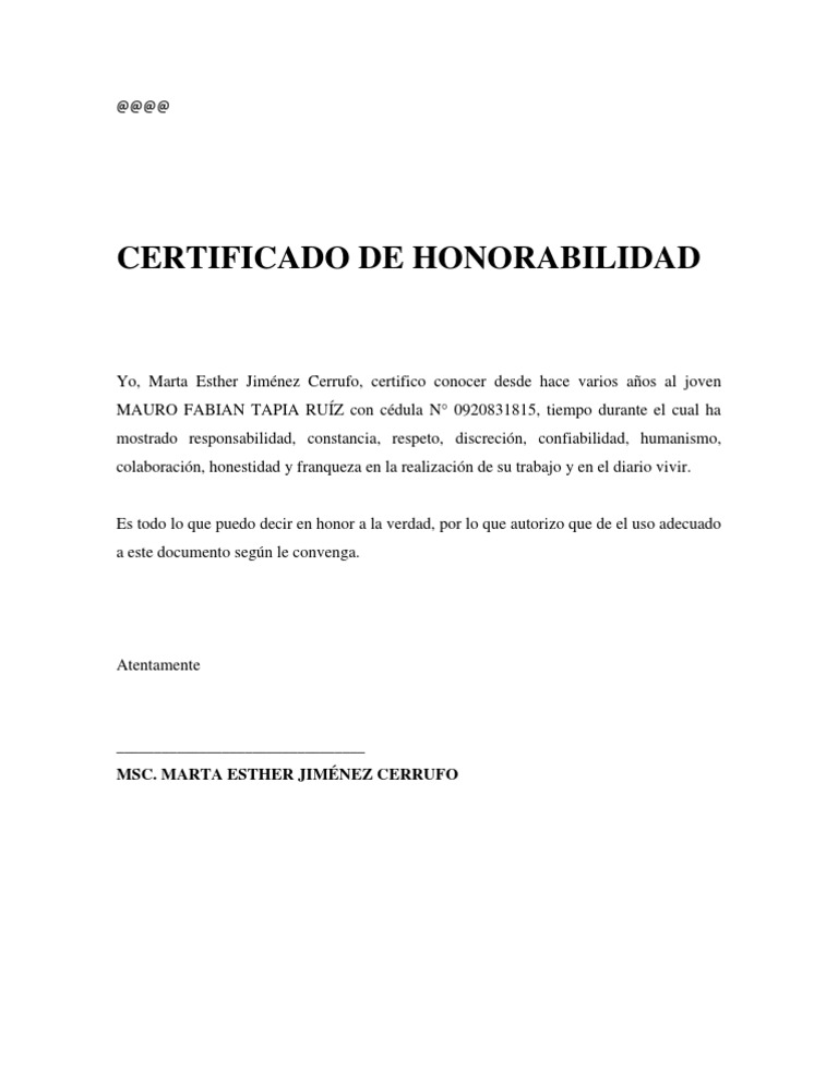 Certificado de Honorabilidad