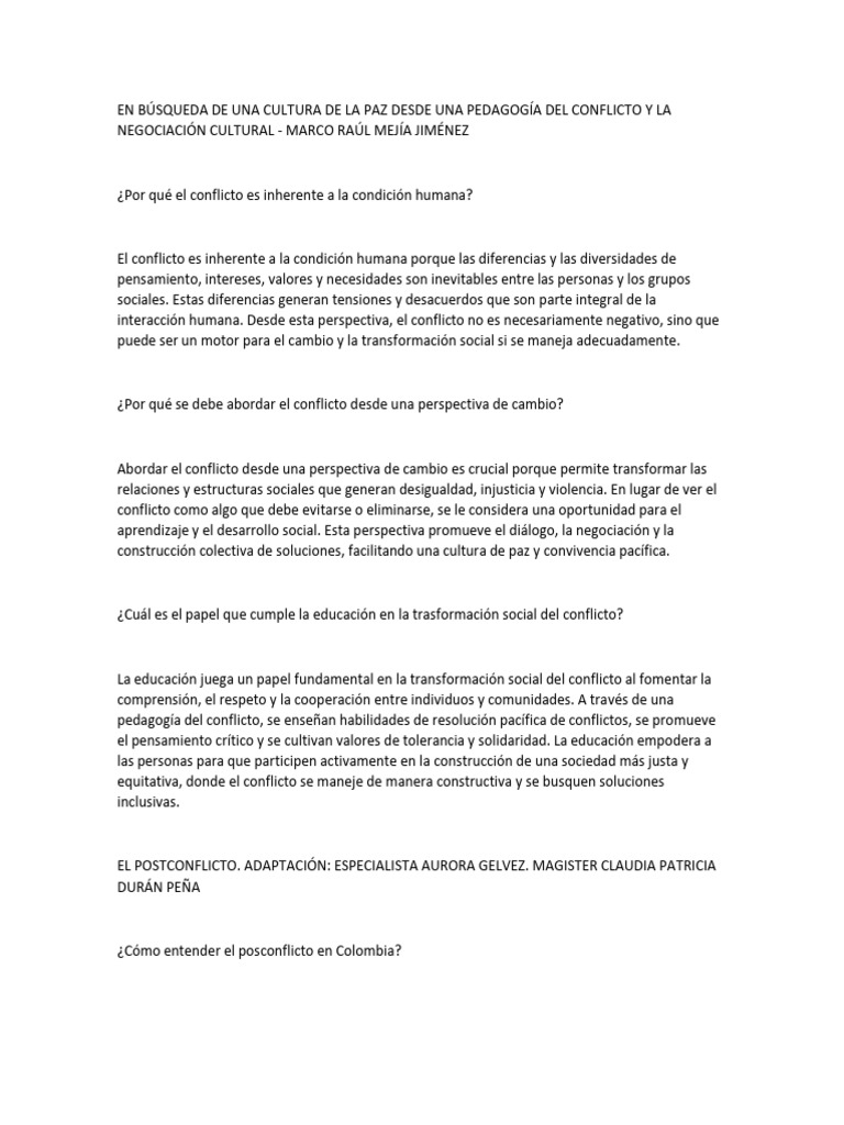 Cultura de Paz y Educación en Conflictos | PDF | Conflicto (proceso) | Paz
