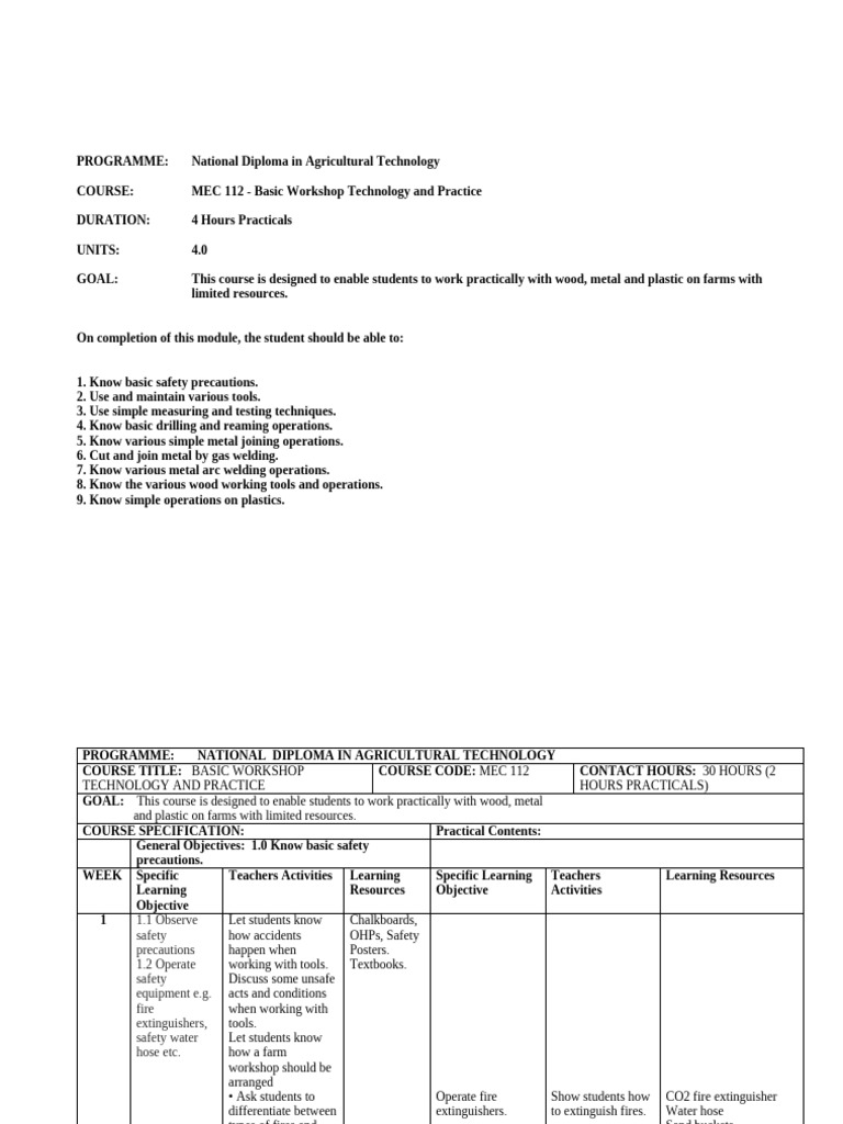 MEC 112: Basic Workshop Technology | PDF | Welding | Construction