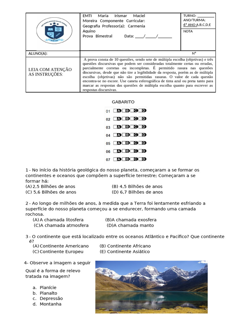 Prova de Geografia 6º Ano: Questões e Gabarito | PDF | Continente ...