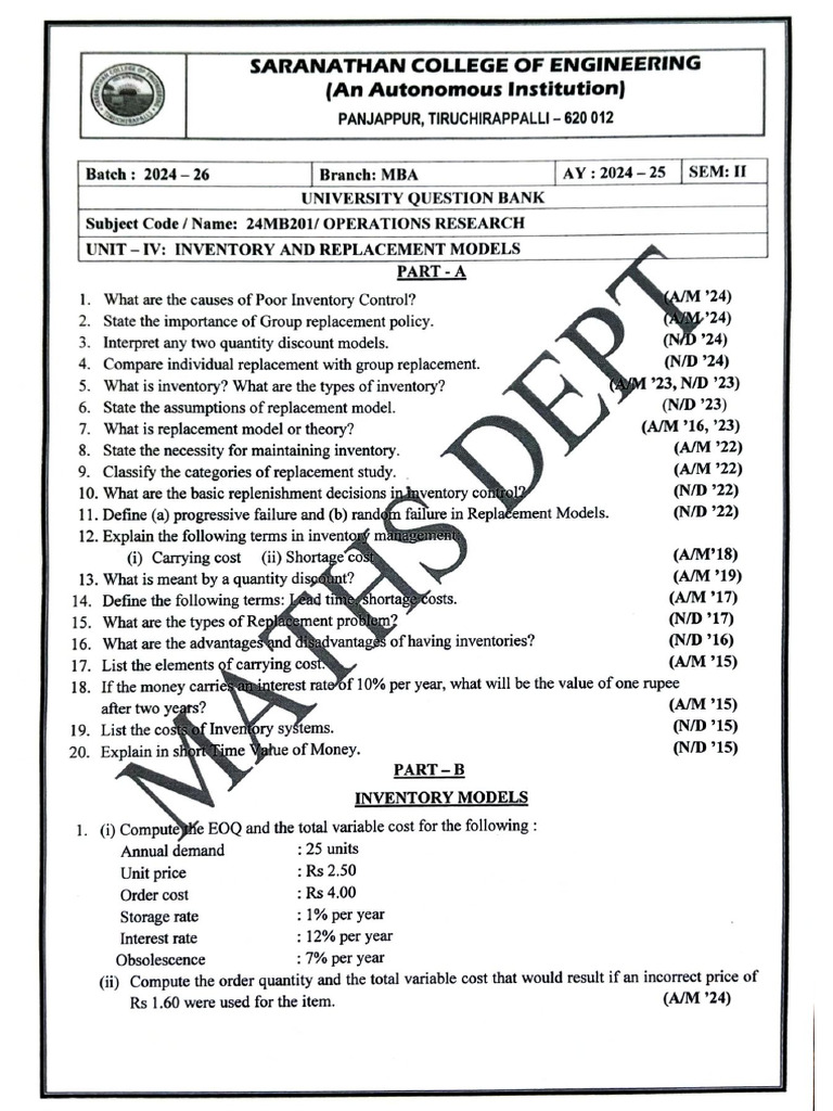 OR Unit - 4 Inventory & RP Models QB | PDF