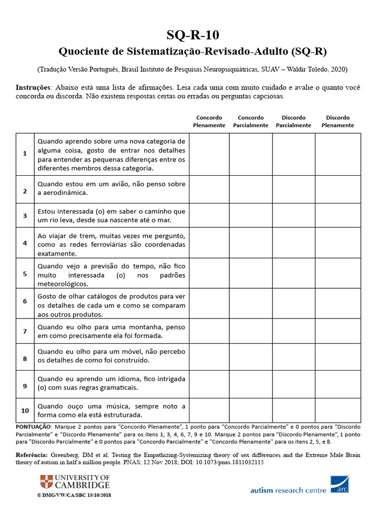 Quociente de Sistematização Adulto SQ-R | PDF