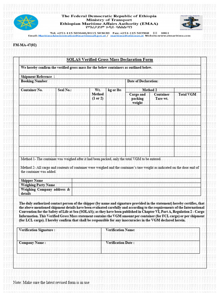 SOLAS VGM Declaration Form Guide | PDF