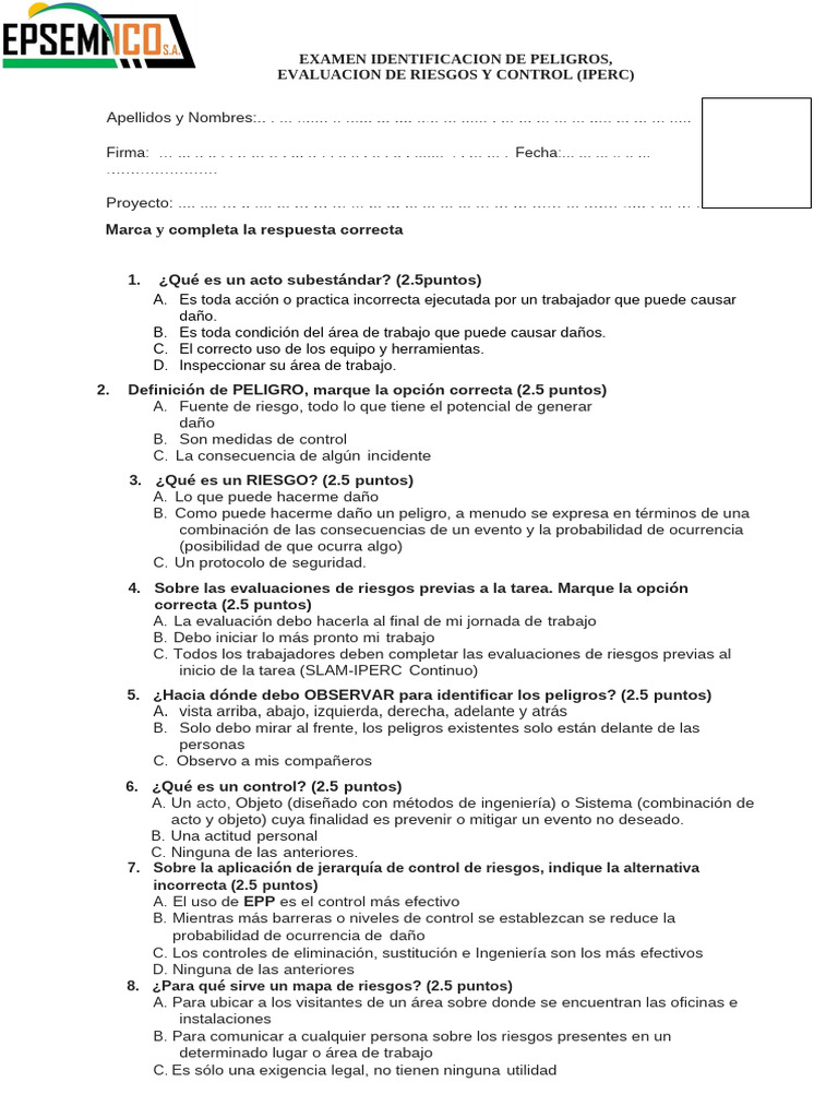Examen IPERC: Identificación y Control de Riesgos | PDF | Riesgo ...