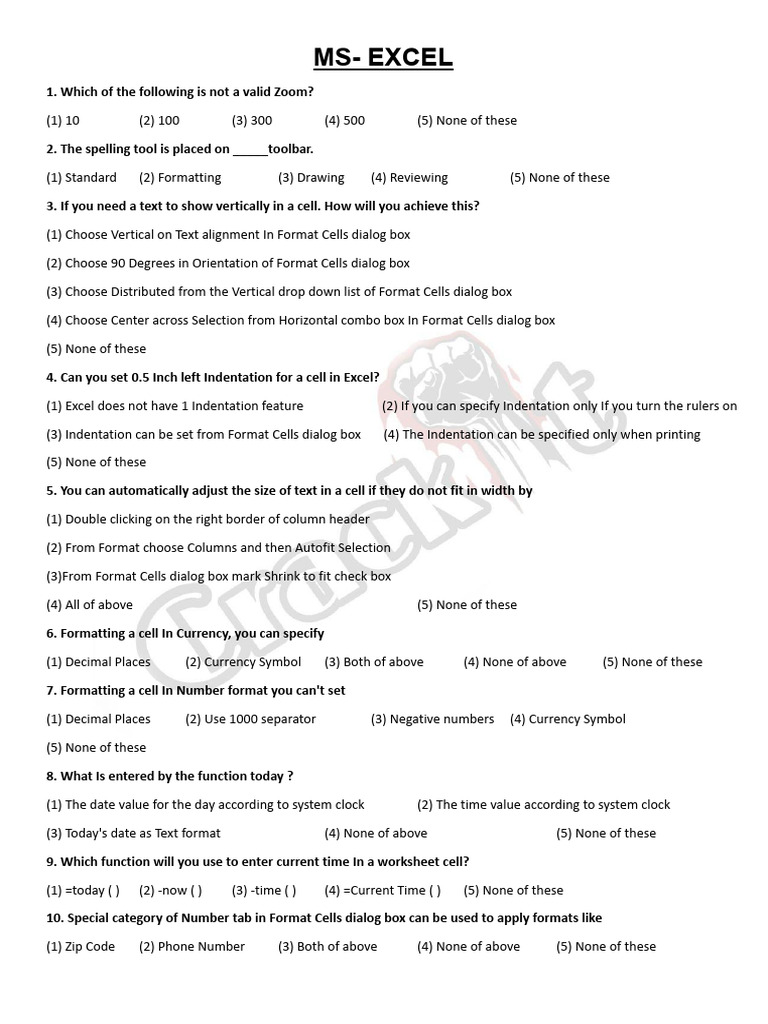 Excel Multiple Choice Questions Guide | PDF | Microsoft Excel | Spreadsheet