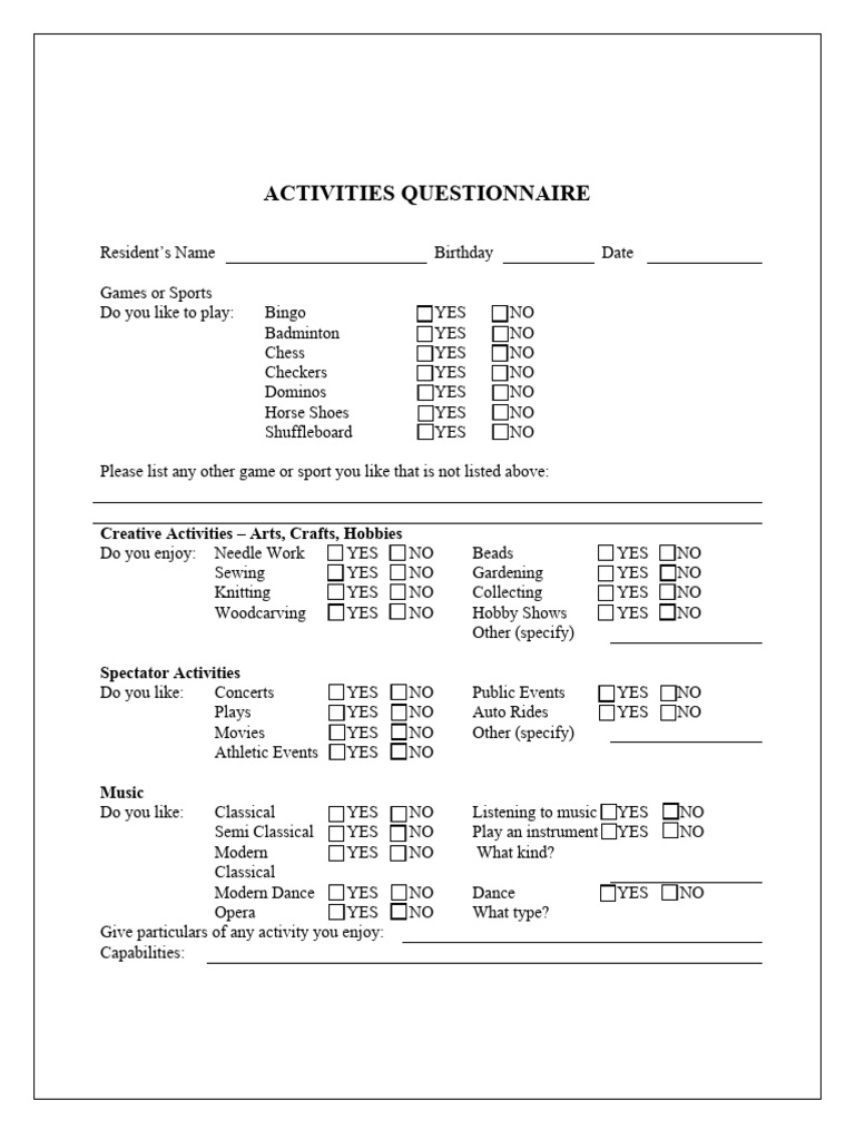 Resident Activities Questionnaire | PDF