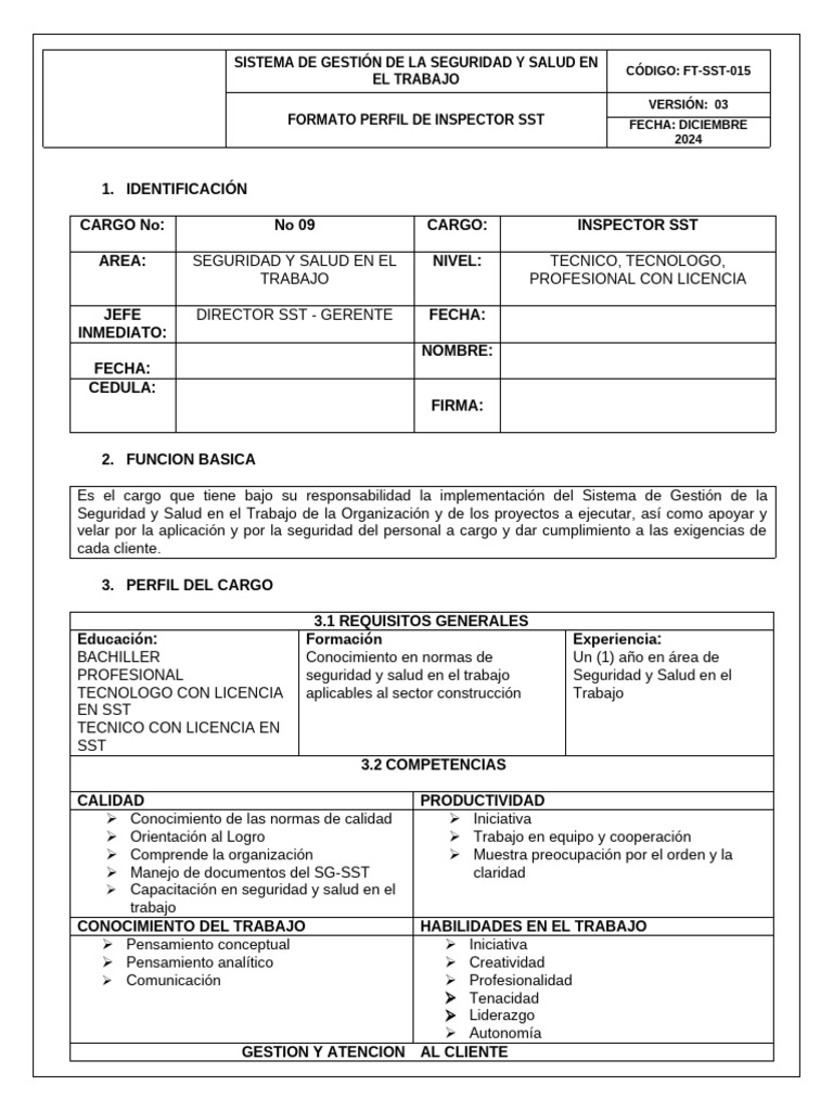 Ft-sst-015 Formato Perfil de Inspector SST | PDF