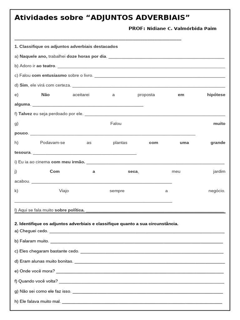 Atividades sobre Adjuntos Adverbiais | PDF