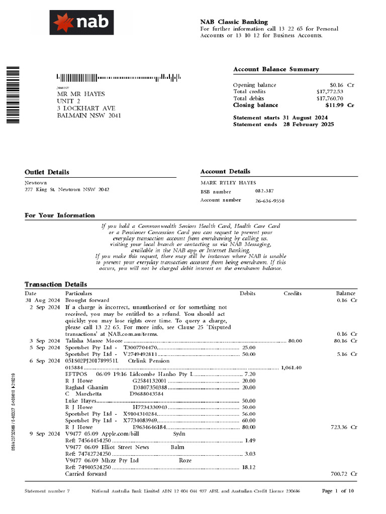 NAB Account Balance Summary Report | PDF | Debit Card | Overdraft