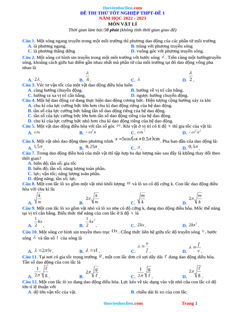 De On Thi TNTHPT 2023 Vat Li de 1 | PDF