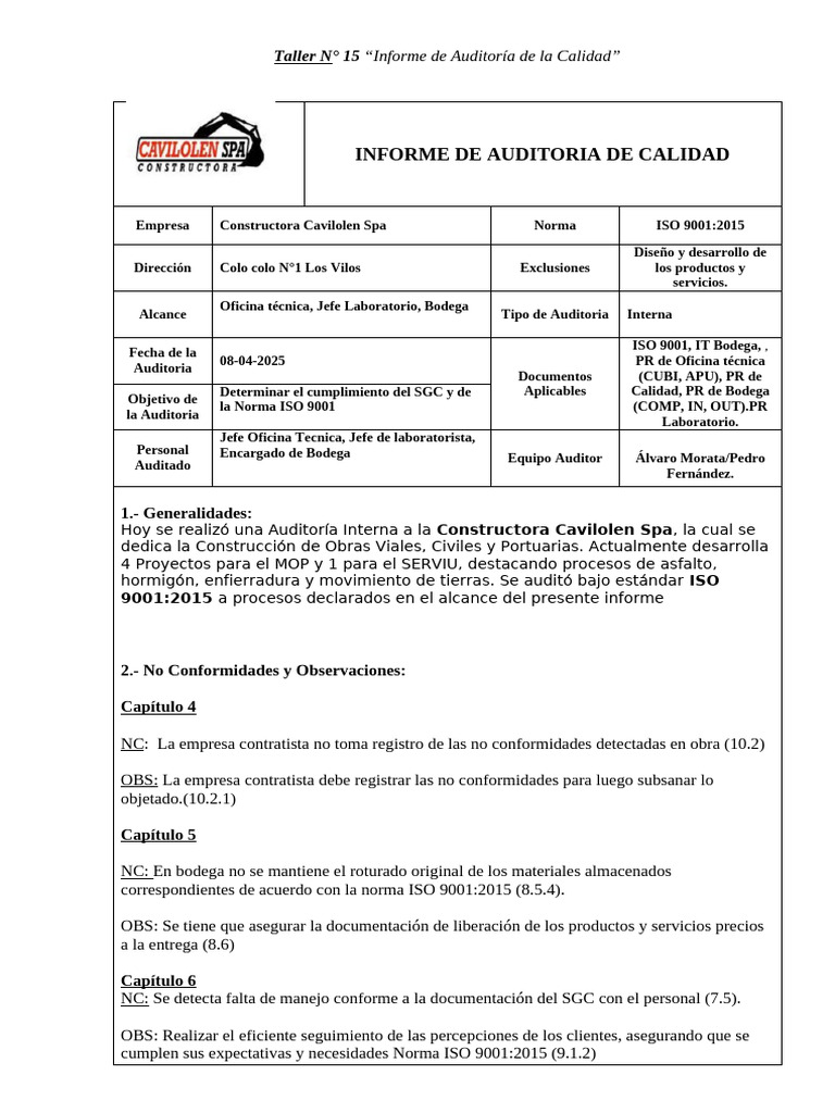 Taller #15 Informe de Auditoria | PDF | Calidad (comercial) | Planificación