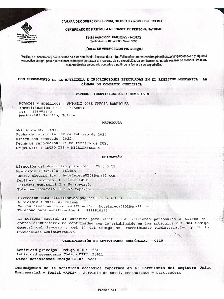 Certificado de Cámara y Comercio | PDF