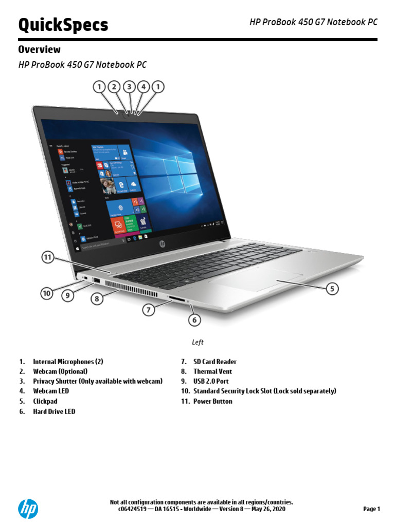 HP ProBook 450 G7 QuickSpecs Overview | PDF | Solid State Drive | Laptop