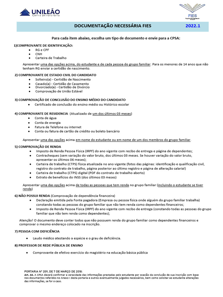 Documentos Necessários para FIES 2022.1 | PDF