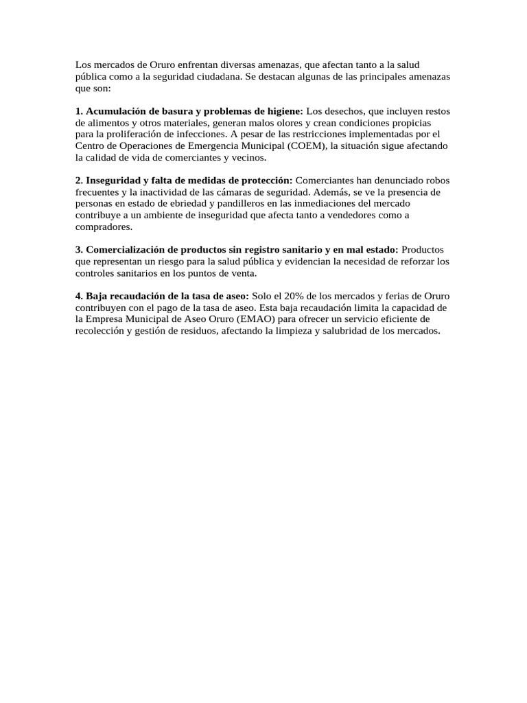 Amenazas en los Mercados de Oruro: Salud y Seguridad | PDF