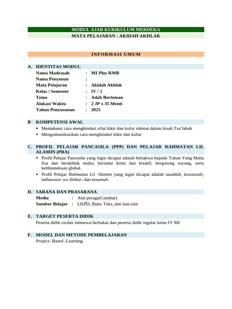 Modul Akidah Akhlak MI Plus RMB | PDF