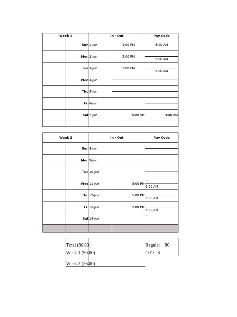 Time Card 1 June - 14 June | PDF | Working Time | Employment Compensation