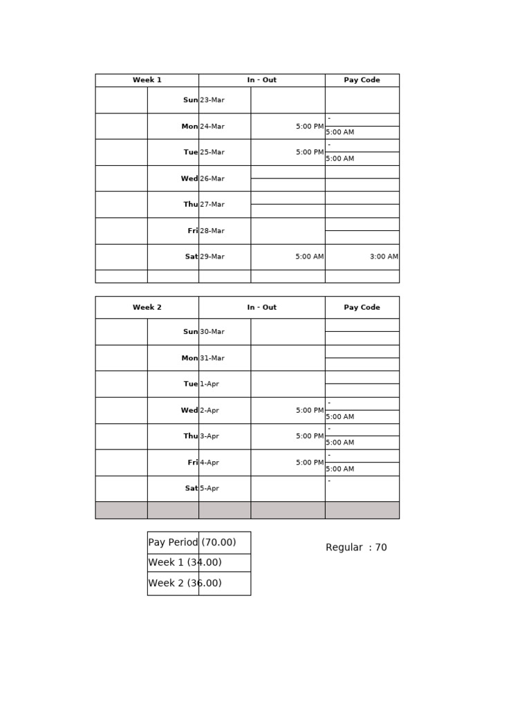 Time Card 23march - 05 April | PDF | Working Time | Employment Compensation