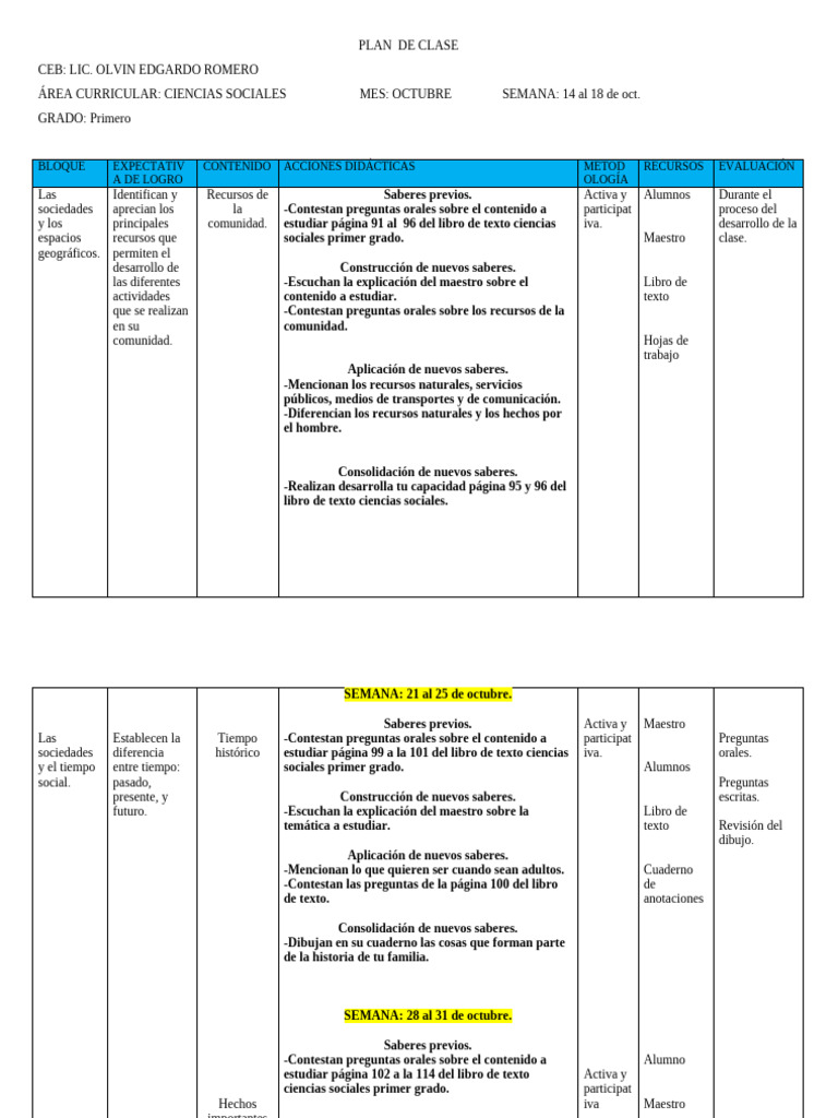 Plan de Clase Primer Grado CCSS Mes Octubre 2019 | PDF | Educación en ...