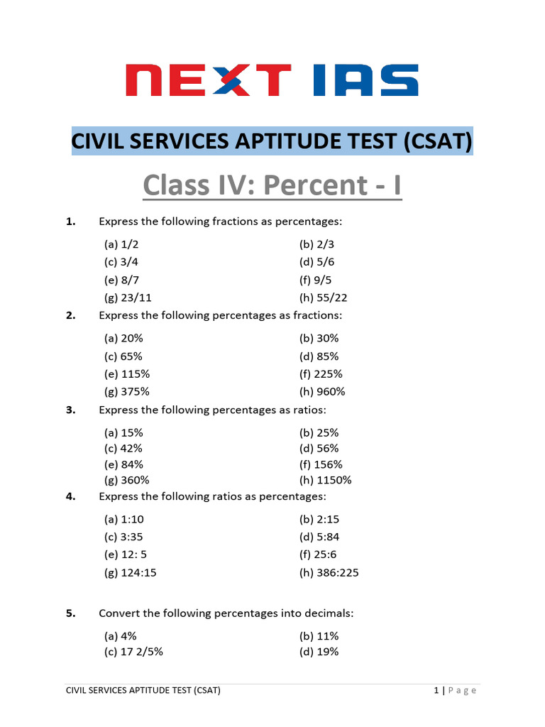 CSAT Class IV: Percentages and Ratios | PDF | Percentage | Odds