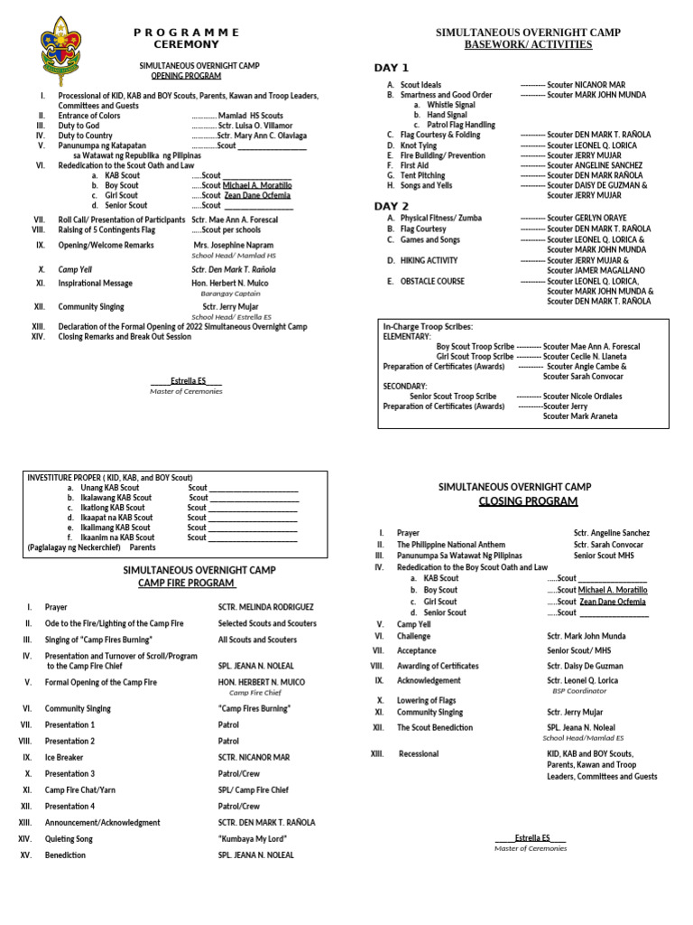 KAB Scout Overnight Camp Program | PDF | Child Related Organizations ...