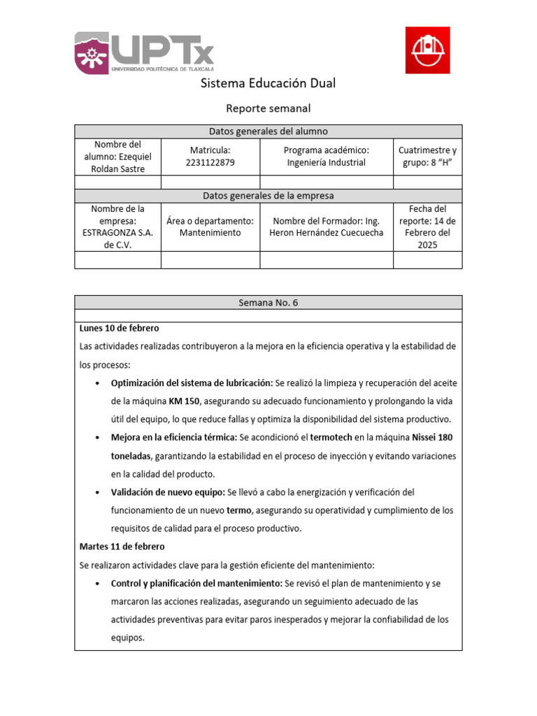 Reporte Semanal de Educación Dual: Ezequiel Roldan | PDF