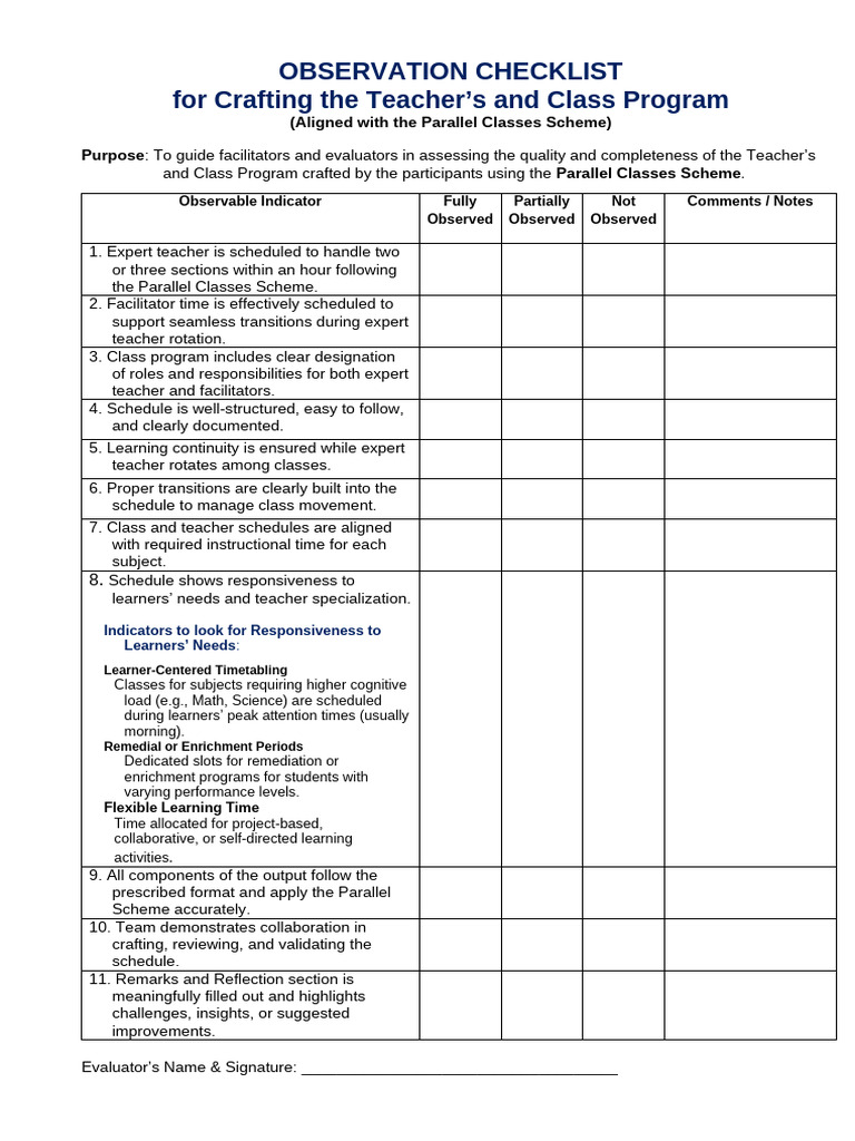 Observation Checklist - Parallel Class Scheme | PDF | Teachers | Learning