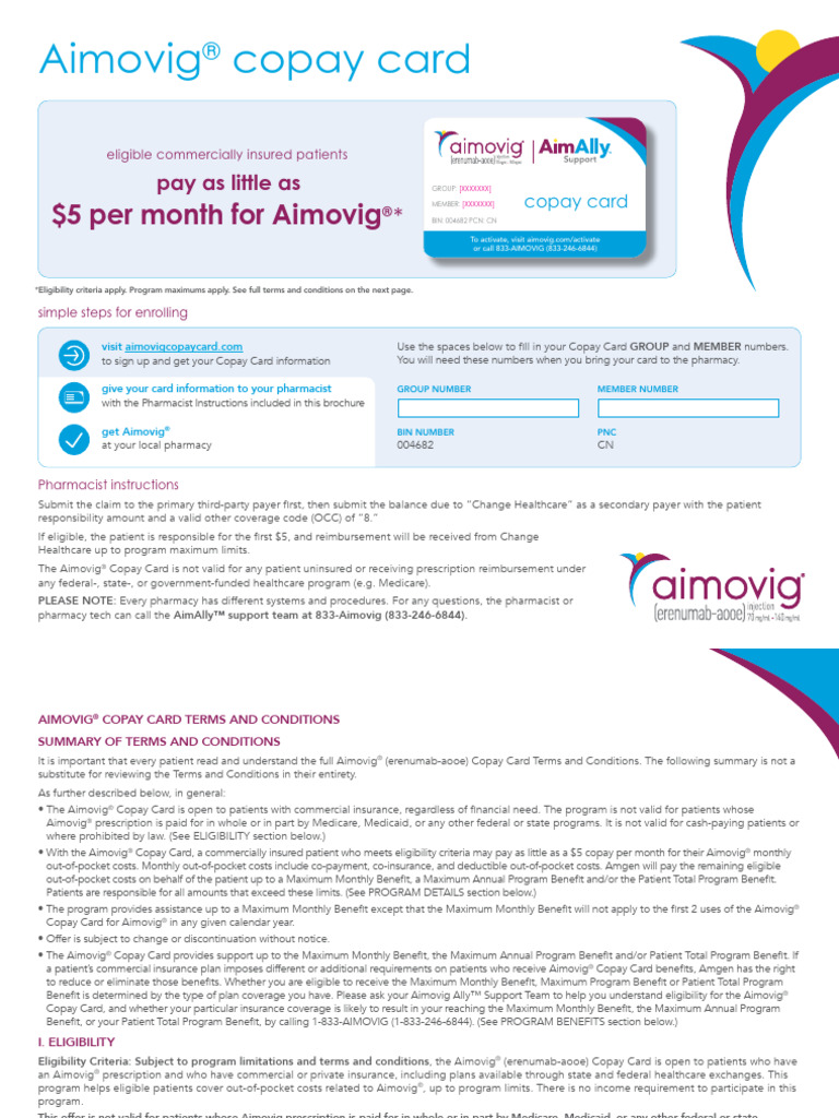 Aimovig Copay Card Enrollment Guide | PDF | Medicaid | Medicare (United ...