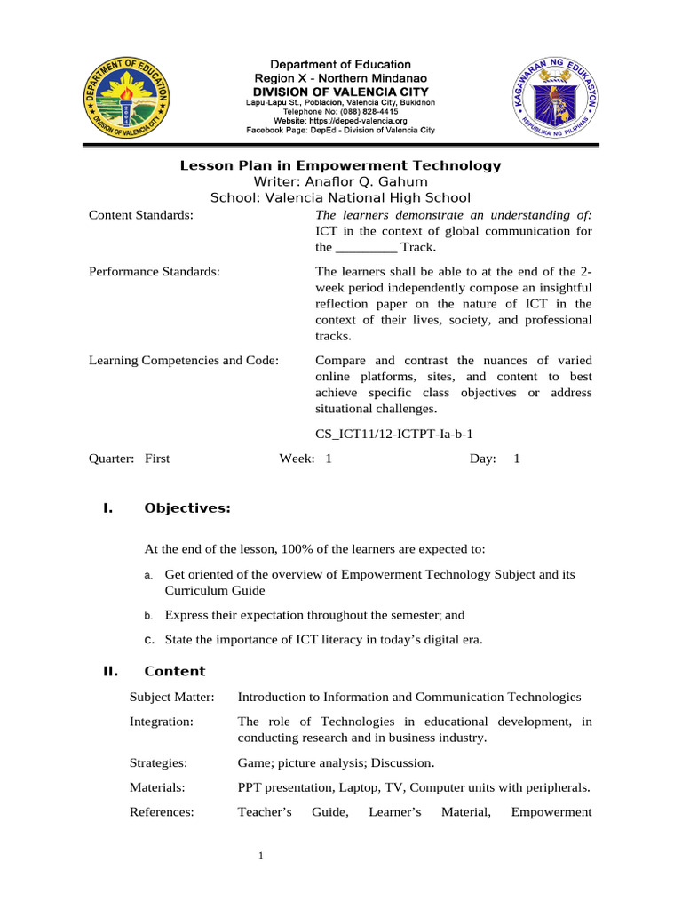 Empowerment Technology Lesson Plan | PDF | Educational Technology ...