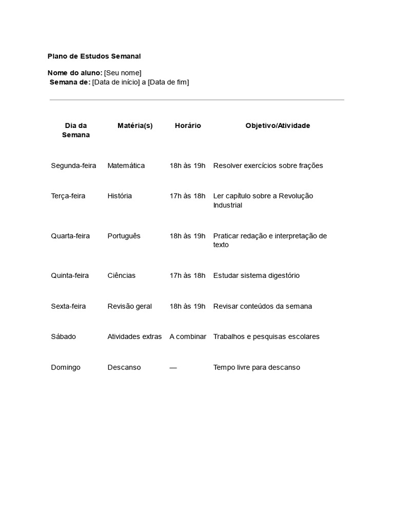 Plano de Estudos Semanal para Alunos | PDF