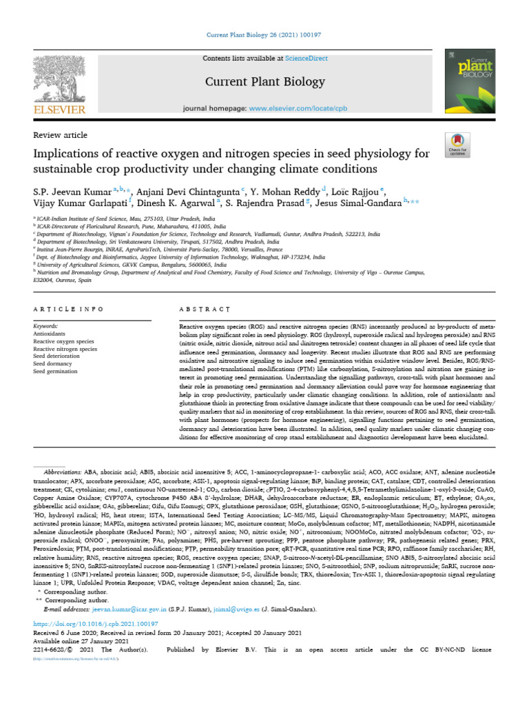 Implications of Reactive Oxygen and Nitrogen Species in Seed Physiology ...